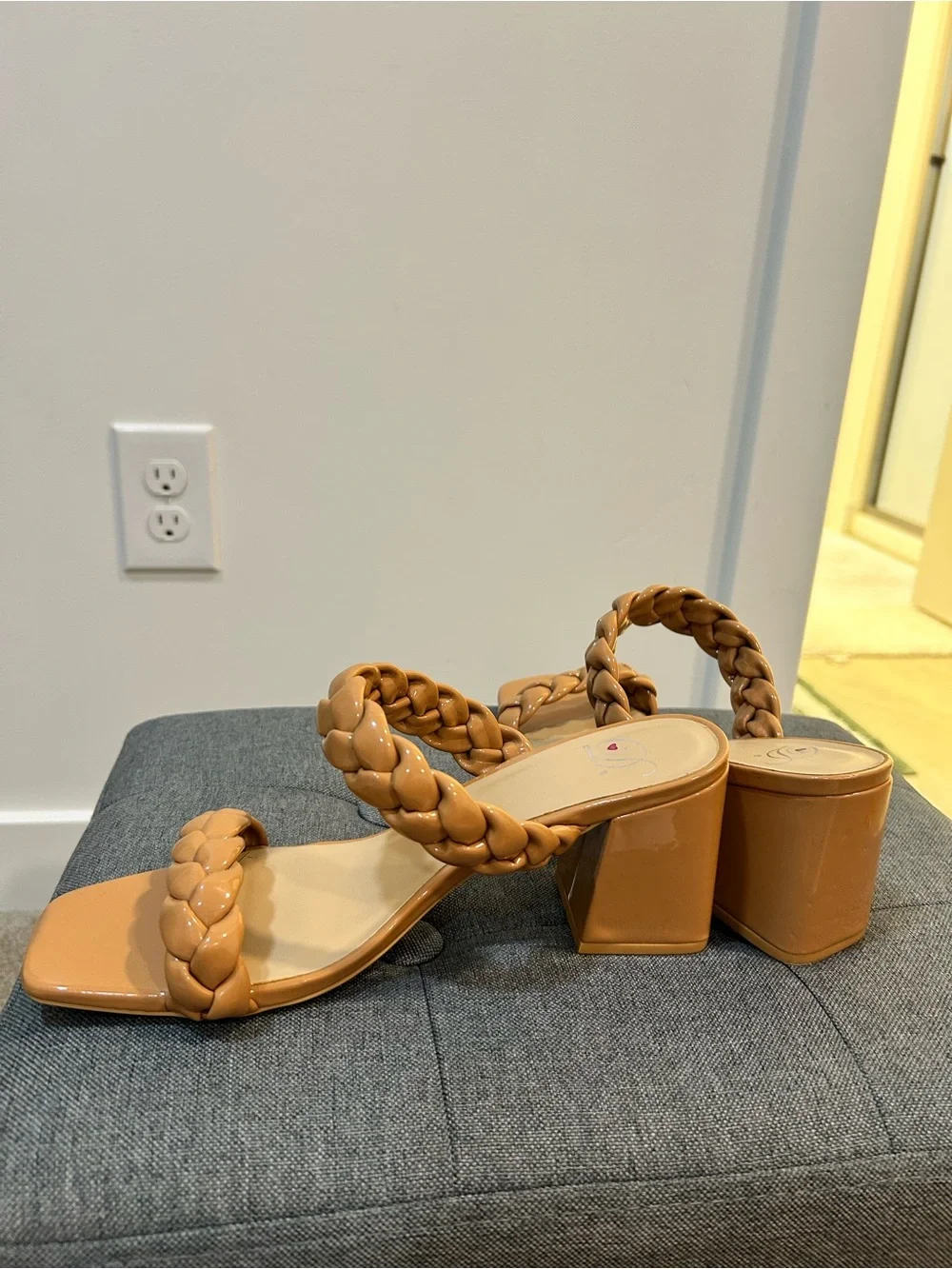 Braided Strap Tan Block Heel Sandals - Women